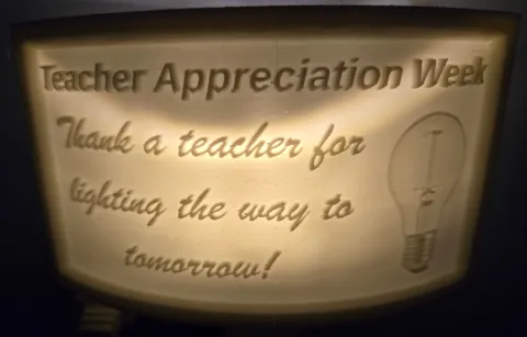 A nightlight Lithophane created to celebrate Teacher Appreciation Week!   Created using a photo depicting a light bulb indicating teachers light the way.